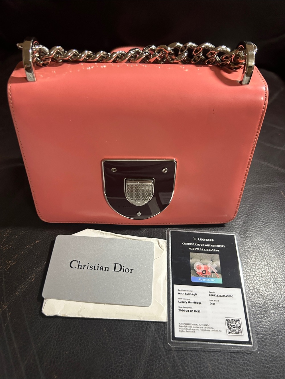 Dior Coral Pink Leather Crossbody with Silver Chain - Picture 7 of 8